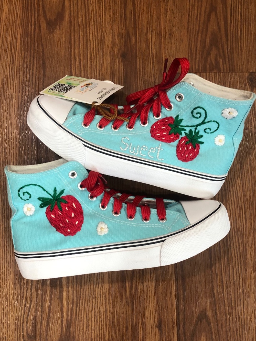 Hand Embroidered High-Top Sneakers Strawberries Size 7